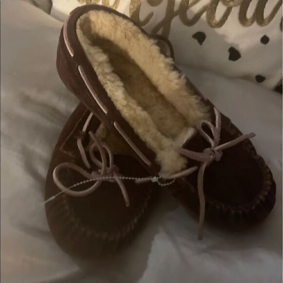 Ugg Australia shearling fur lined moccasin slippers Dakota pink brown guc sz 7 - Picture 8 of 8
